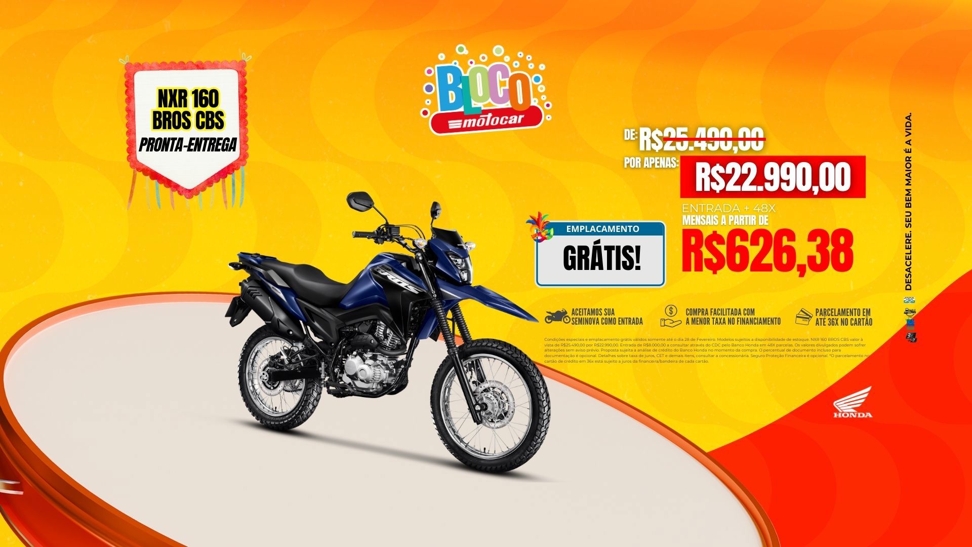 Banner motocar honda bros cbs promoção de carnaval com emplacamento grátis