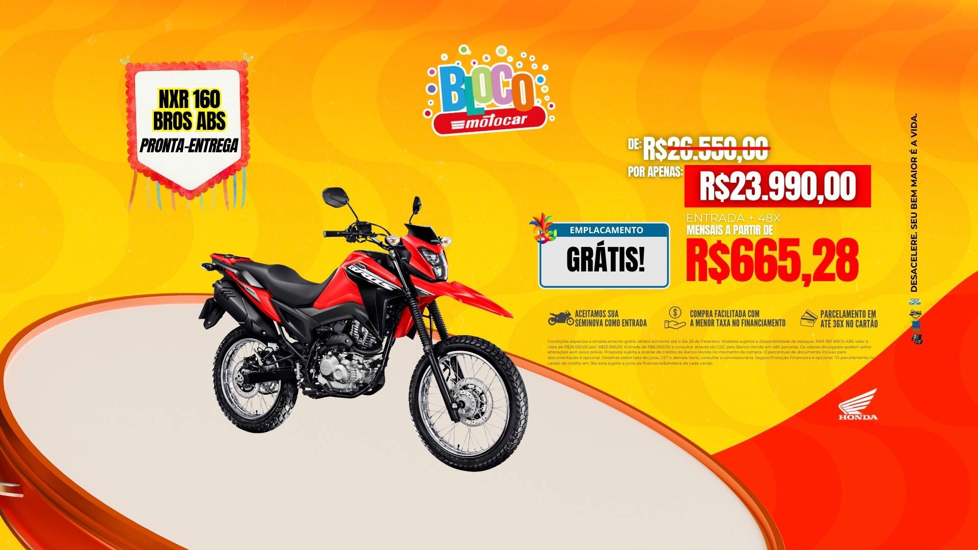 Banner motocar honda bros abs promoção de carnaval com emplacamento grátis