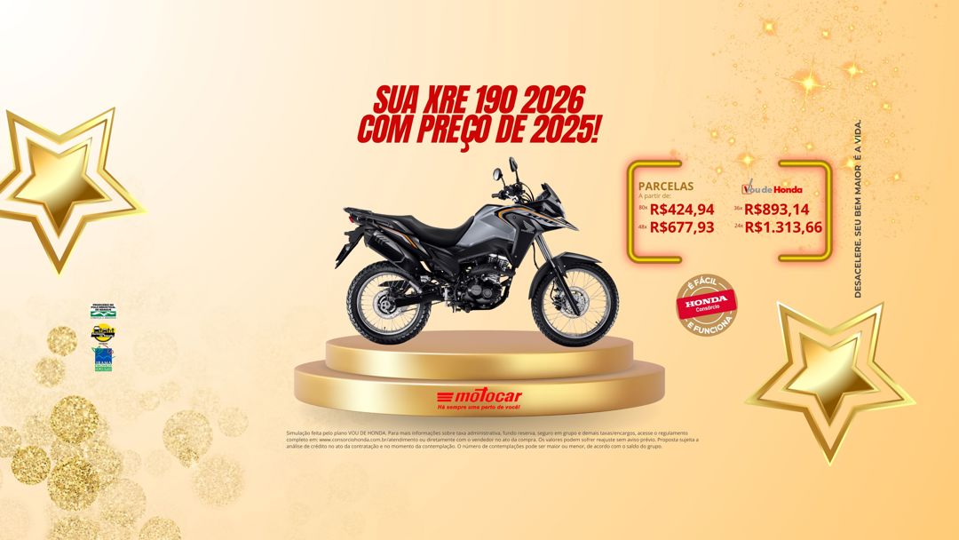 Banner motocar honda xre 190 campanha consorcio ultima oportunidade do ano em dourado