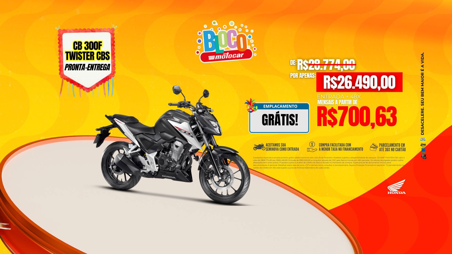 Banner motocar honda twister cbs promoção de carnaval com emplacamento grátis
