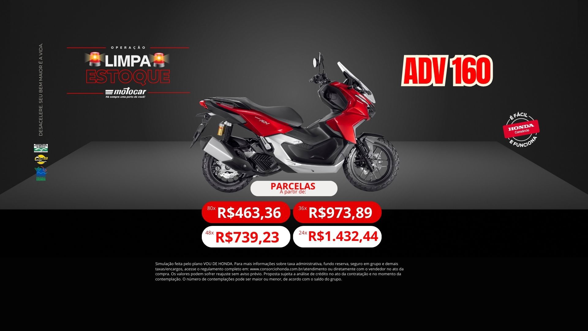 Banner motocar honda tornado campanha limpa estoque adv 160