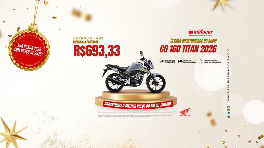 Banner motocar honda cg 160 titan campanha última oportunidade do ano arte branca e dourado