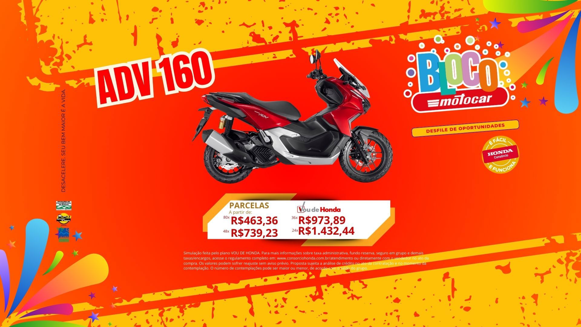 Banner motocar honda adv 160 campanha de consórcio carnaval