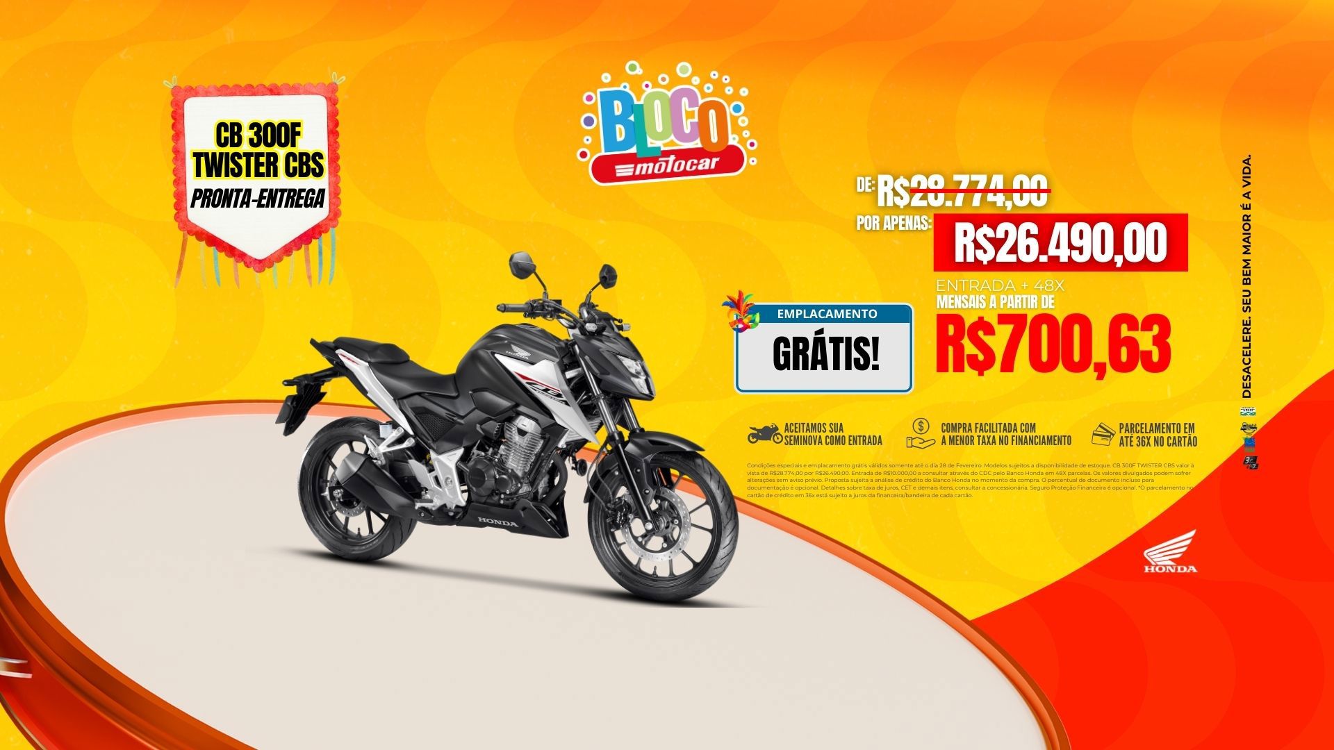 Banner motocar honda twister cbs promoção de carnaval com emplacamento grátis